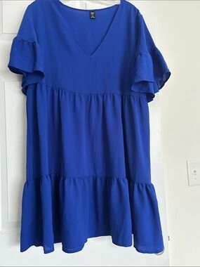 SHEIN Royal Blue V-Neck Ruffle Midi Dress